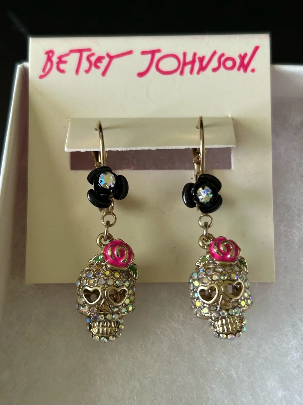 Betsey Johnson Pink Rose Crystal Skull Drop Earrings